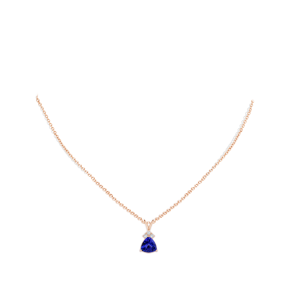 8mm AAAA Trillion Tanzanite Solitaire Pendant with Trio Diamonds in Rose Gold body-neck