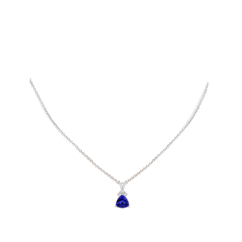 8mm AAAA Trillion Tanzanite Solitaire Pendant with Trio Diamonds in White Gold body-neck