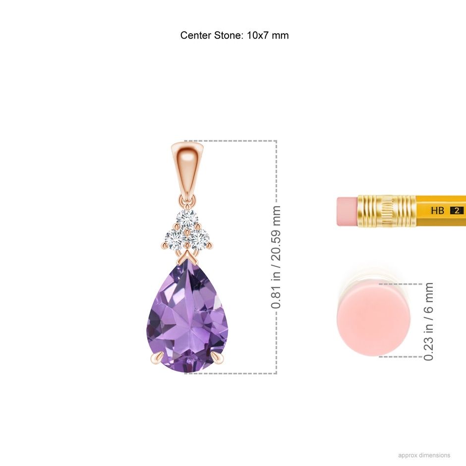 10x7mm A Claw-Set Amethyst Drop Pendant with Trio Diamonds in Rose Gold ruler