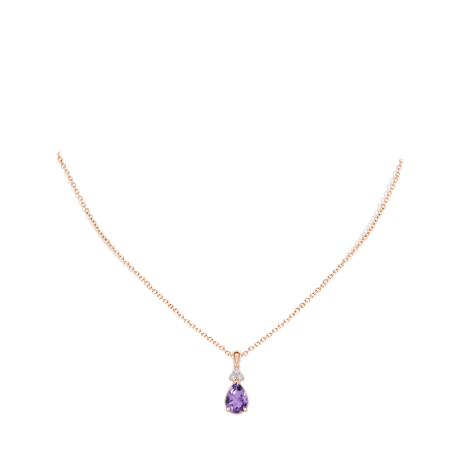 10x7mm A Claw-Set Amethyst Drop Pendant with Trio Diamonds in Rose Gold body-neck