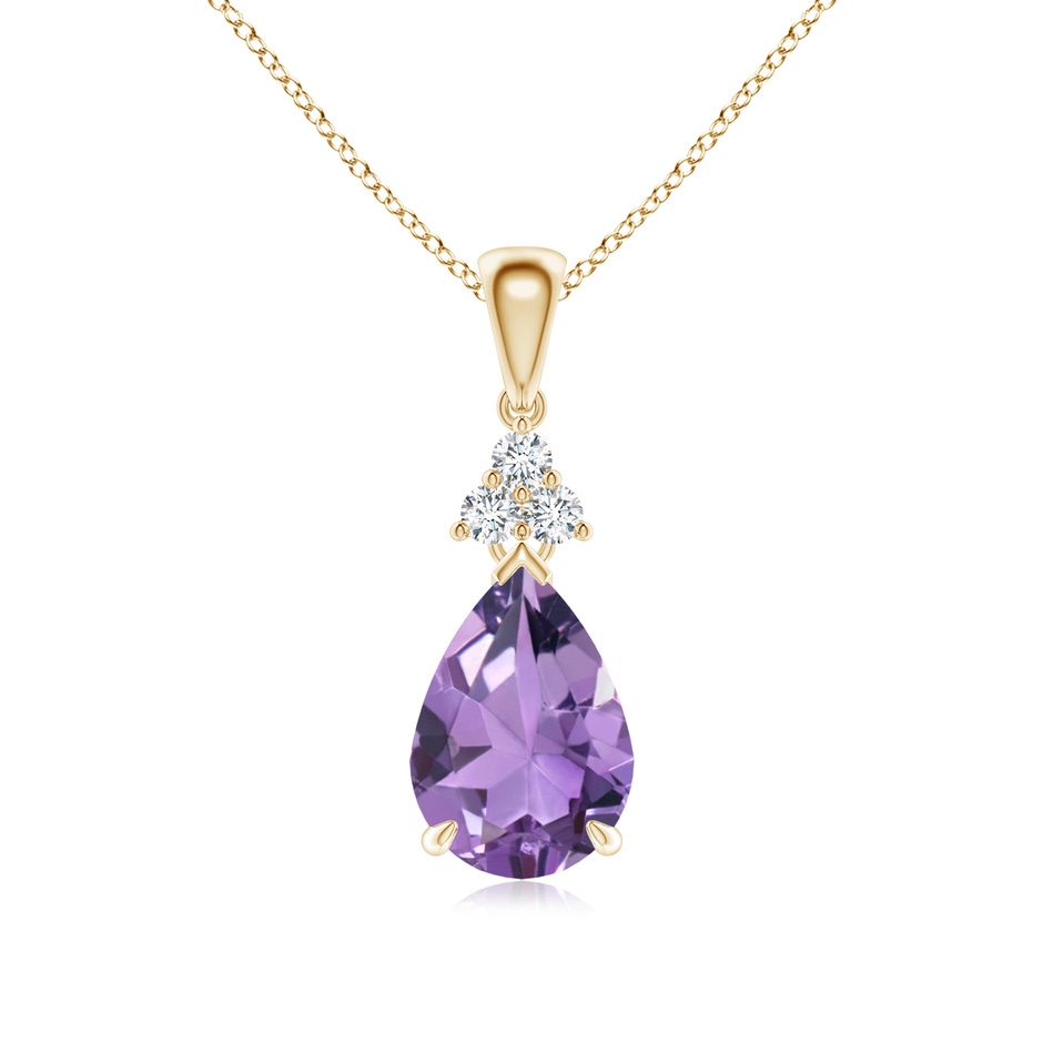 10x7mm A Claw-Set Amethyst Drop Pendant with Trio Diamonds in Yellow Gold 