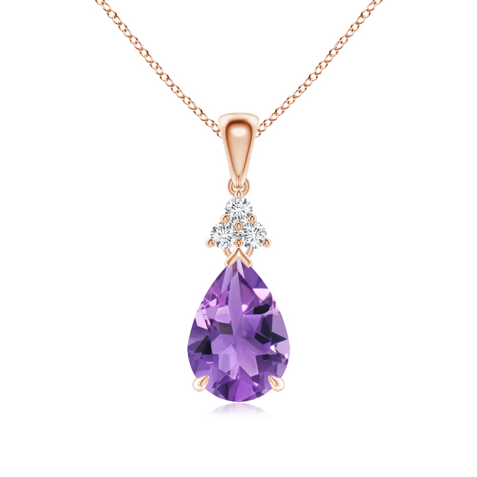 10x7mm AA Claw-Set Amethyst Drop Pendant with Trio Diamonds in Rose Gold 