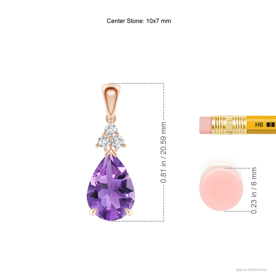 10x7mm AA Claw-Set Amethyst Drop Pendant with Trio Diamonds in Rose Gold ruler