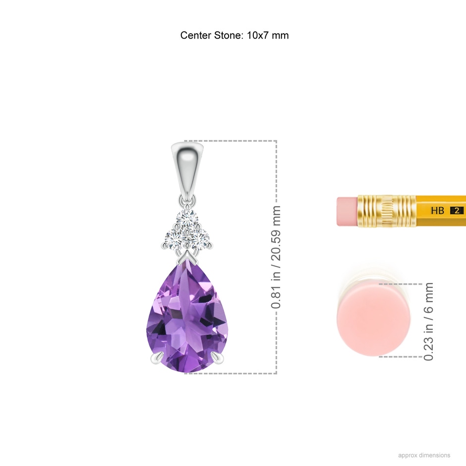 10x7mm AA Claw-Set Amethyst Drop Pendant with Trio Diamonds in White Gold ruler