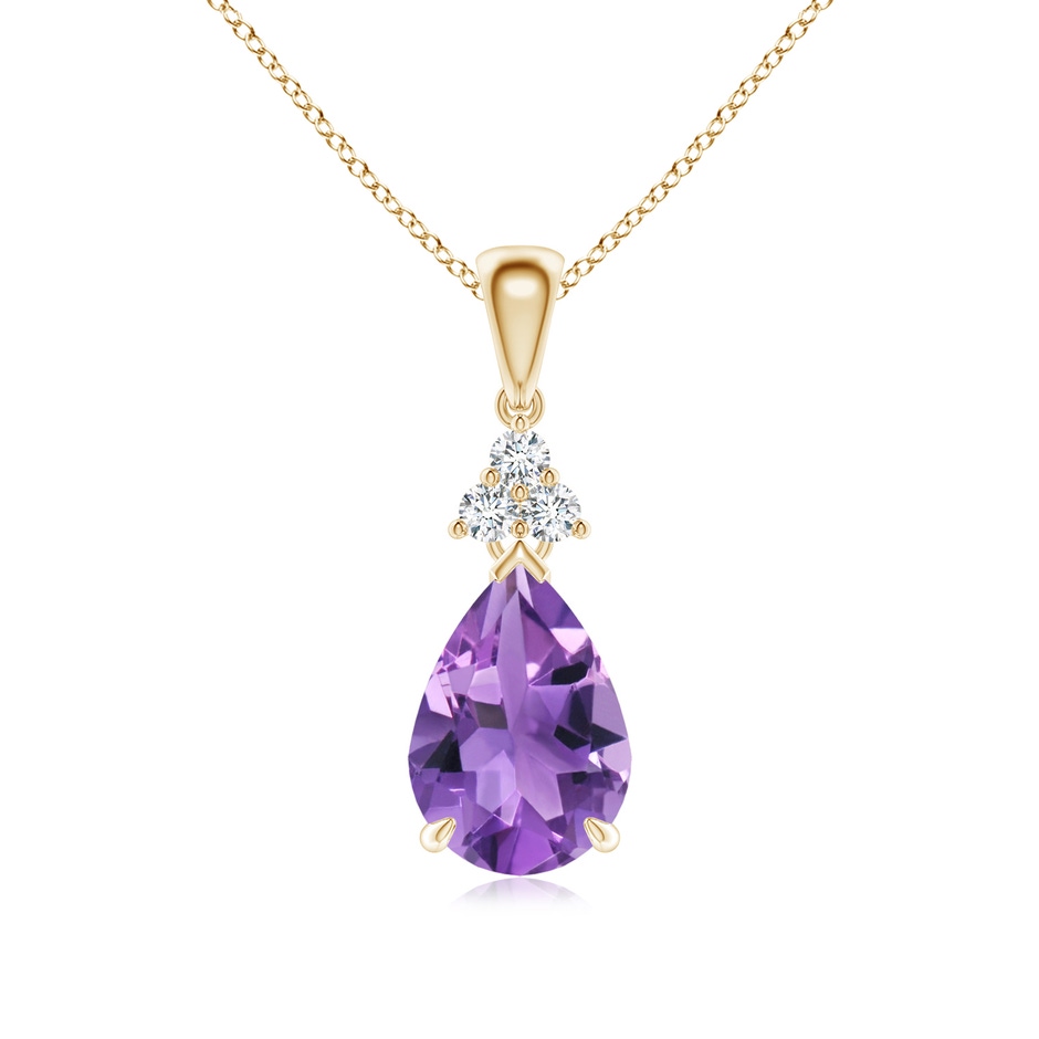10x7mm AA Claw-Set Amethyst Drop Pendant with Trio Diamonds in Yellow Gold 