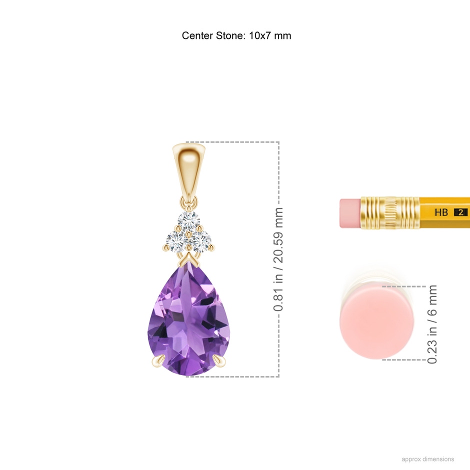 10x7mm AA Claw-Set Amethyst Drop Pendant with Trio Diamonds in Yellow Gold ruler