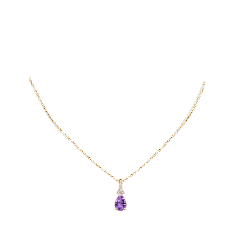 10x7mm AA Claw-Set Amethyst Drop Pendant with Trio Diamonds in Yellow Gold body-neck