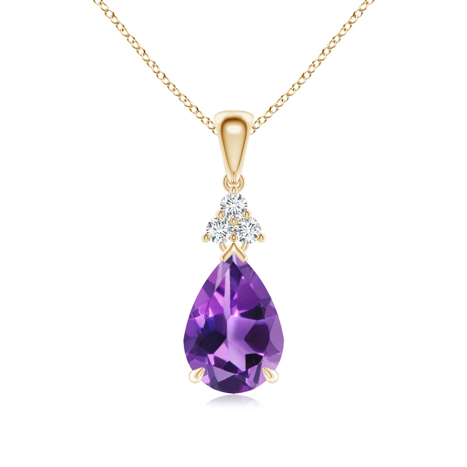 10x7mm AAA Claw-Set Amethyst Drop Pendant with Trio Diamonds in Yellow Gold 