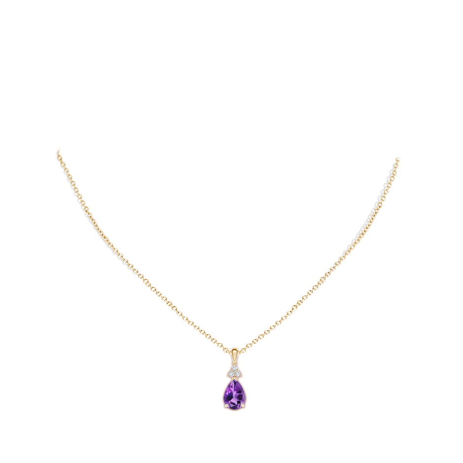 10x7mm AAA Claw-Set Amethyst Drop Pendant with Trio Diamonds in Yellow Gold body-neck