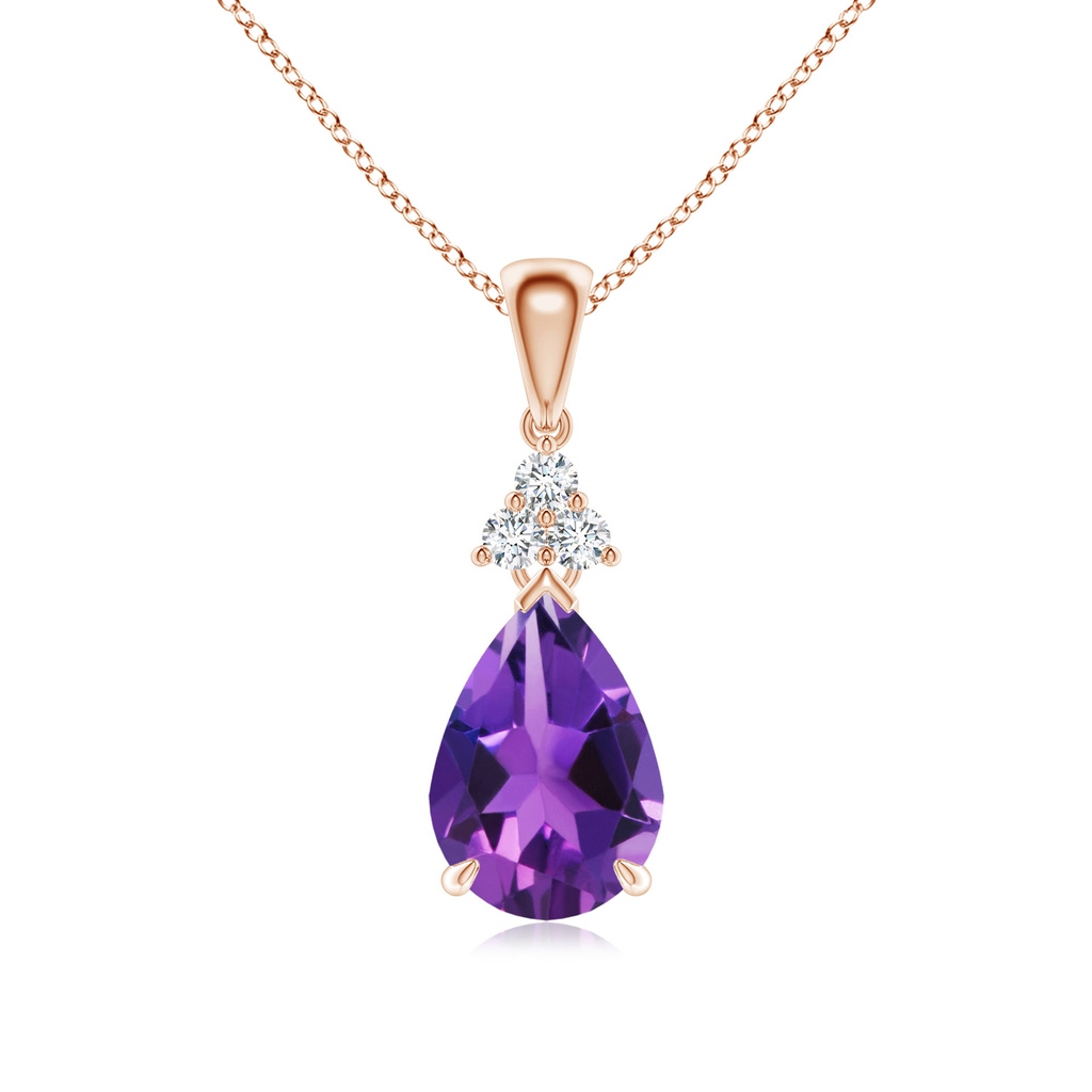 10x7mm AAAA Claw-Set Amethyst Drop Pendant with Trio Diamonds in Rose Gold