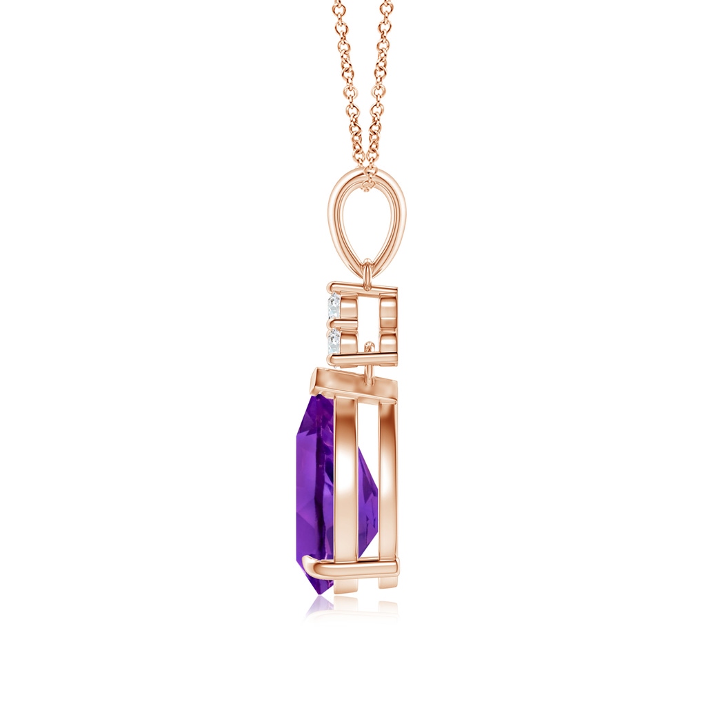 10x7mm AAAA Claw-Set Amethyst Drop Pendant with Trio Diamonds in Rose Gold - side_1