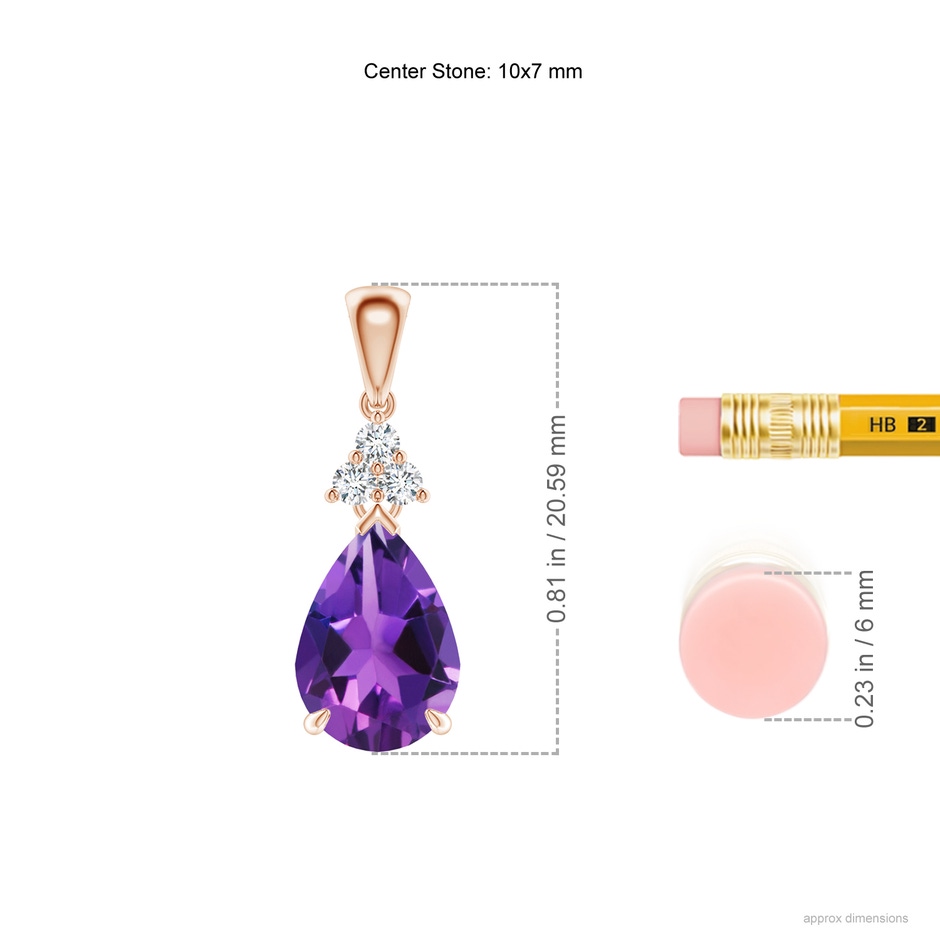 10x7mm AAAA Claw-Set Amethyst Drop Pendant with Trio Diamonds in Rose Gold ruler