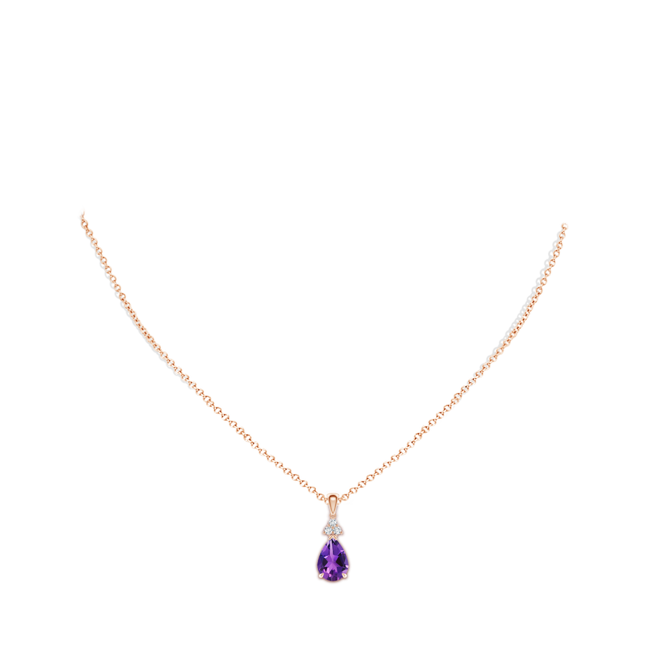 10x7mm AAAA Claw-Set Amethyst Drop Pendant with Trio Diamonds in Rose Gold body-neck