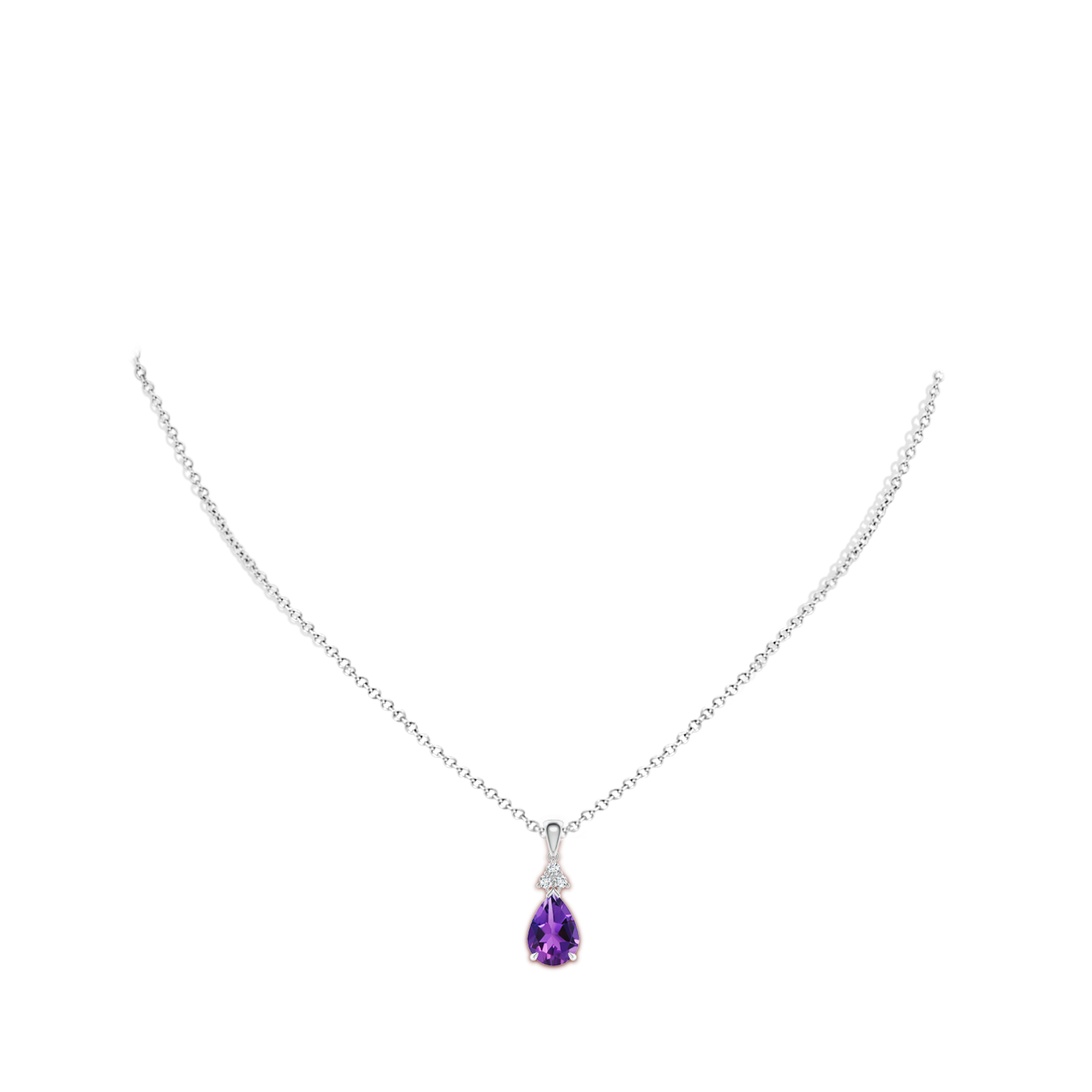 10x7mm AAAA Claw-Set Amethyst Drop Pendant with Trio Diamonds in White Gold - body_neck