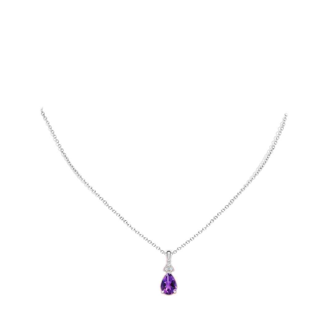 10x7mm AAAA Claw-Set Amethyst Drop Pendant with Trio Diamonds in White Gold - body_neck