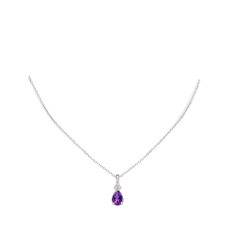 10x7mm AAAA Claw-Set Amethyst Drop Pendant with Trio Diamonds in White Gold body-neck