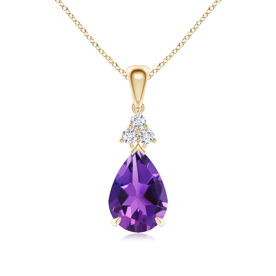 10x7mm AAAA Claw-Set Amethyst Drop Pendant with Trio Diamonds in Yellow Gold 