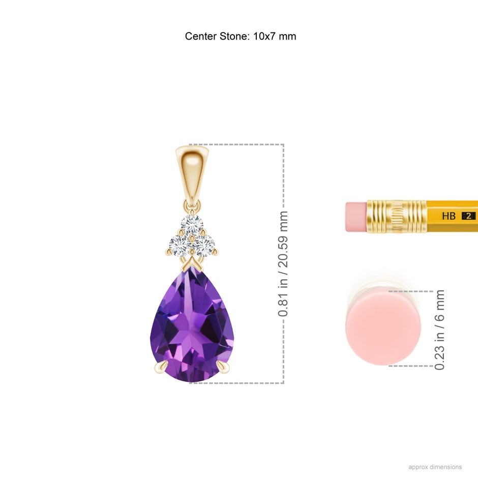 10x7mm AAAA Claw-Set Amethyst Drop Pendant with Trio Diamonds in Yellow Gold ruler