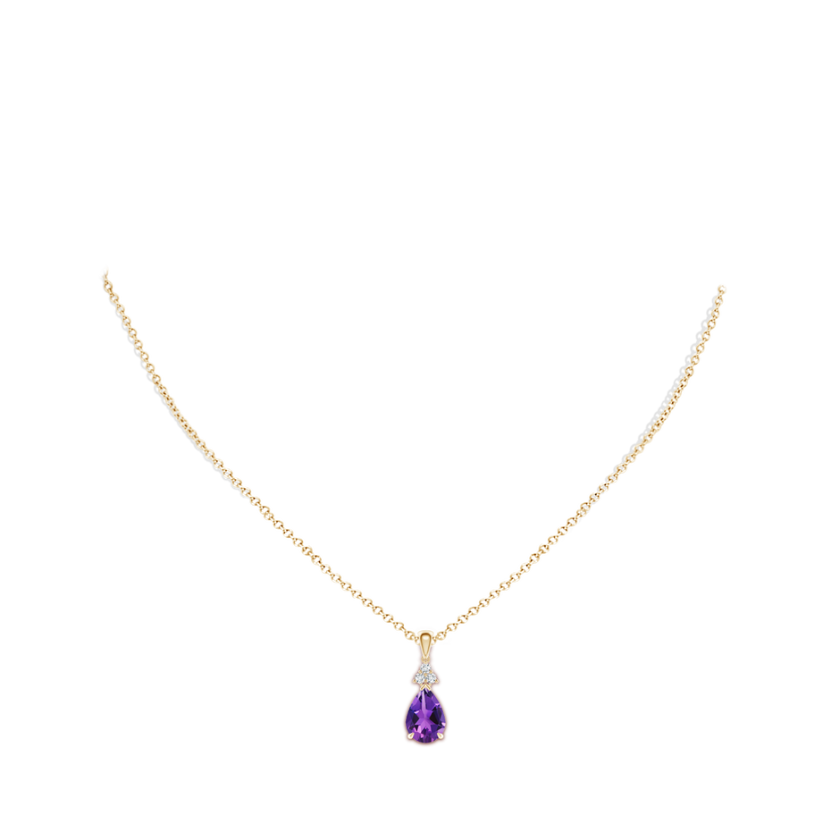 10x7mm AAAA Claw-Set Amethyst Drop Pendant with Trio Diamonds in Yellow Gold body-neck