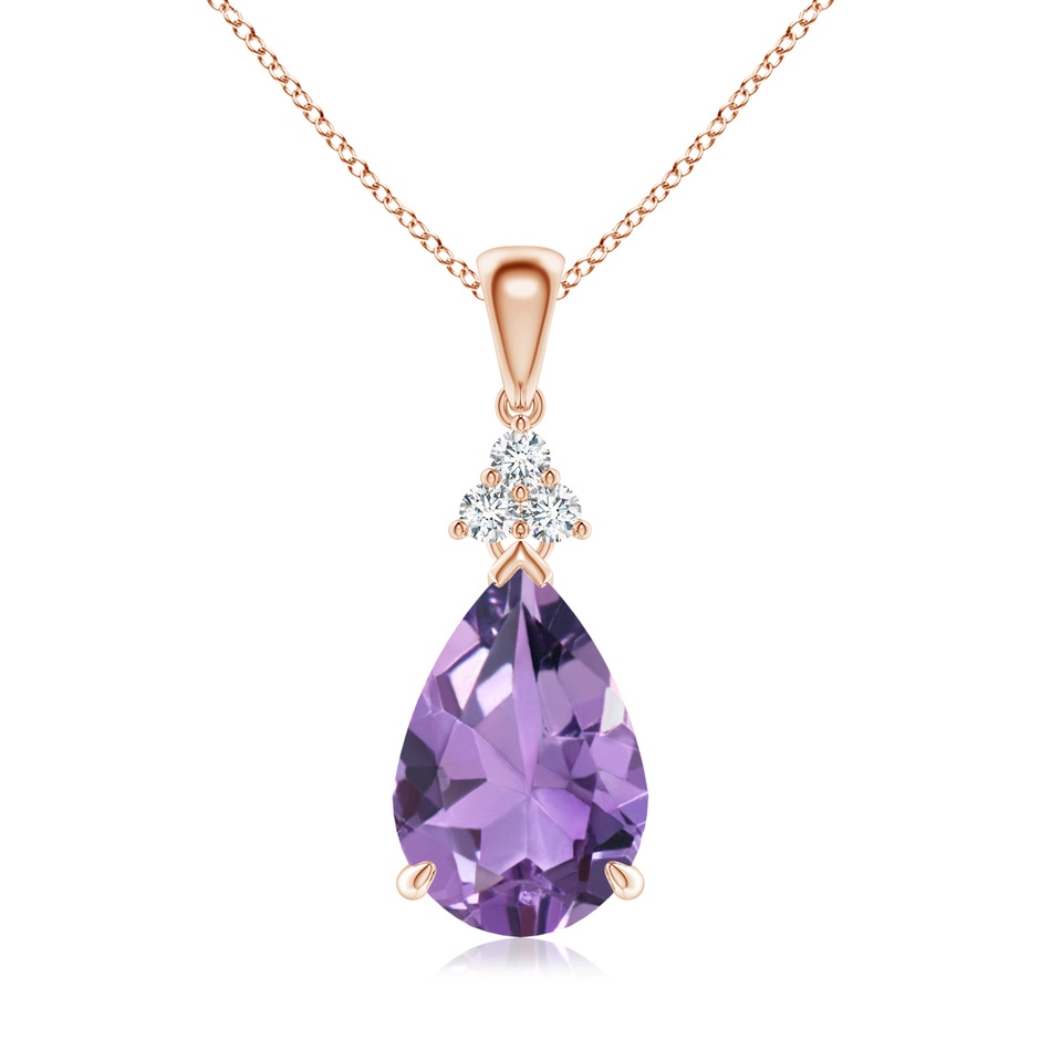 12x8mm A Claw-Set Amethyst Drop Pendant with Trio Diamonds in Rose Gold 