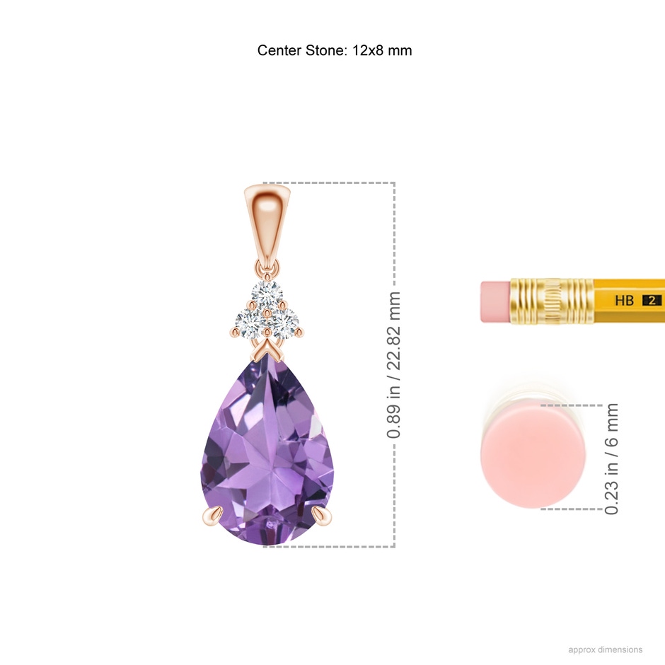 12x8mm A Claw-Set Amethyst Drop Pendant with Trio Diamonds in Rose Gold ruler