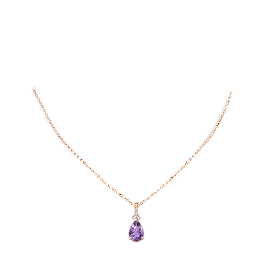 12x8mm A Claw-Set Amethyst Drop Pendant with Trio Diamonds in Rose Gold body-neck