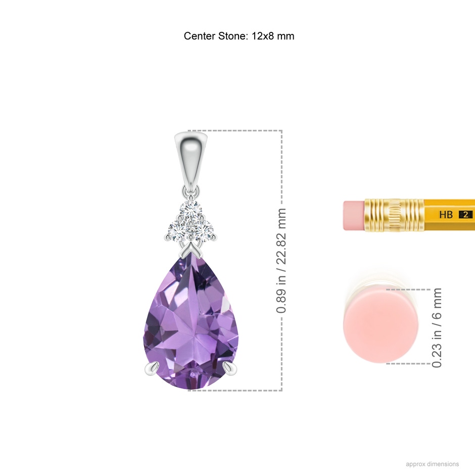 12x8mm A Claw-Set Amethyst Drop Pendant with Trio Diamonds in White Gold ruler
