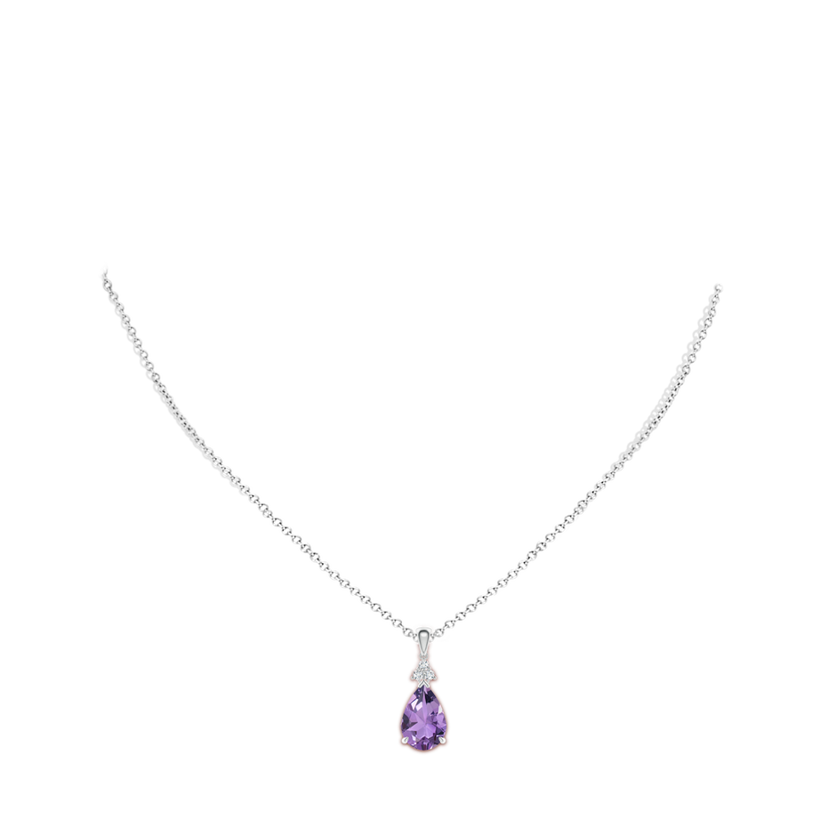 12x8mm A Claw-Set Amethyst Drop Pendant with Trio Diamonds in White Gold body-neck