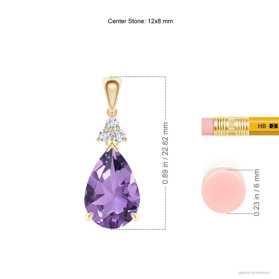 12x8mm A Claw-Set Amethyst Drop Pendant with Trio Diamonds in Yellow Gold ruler