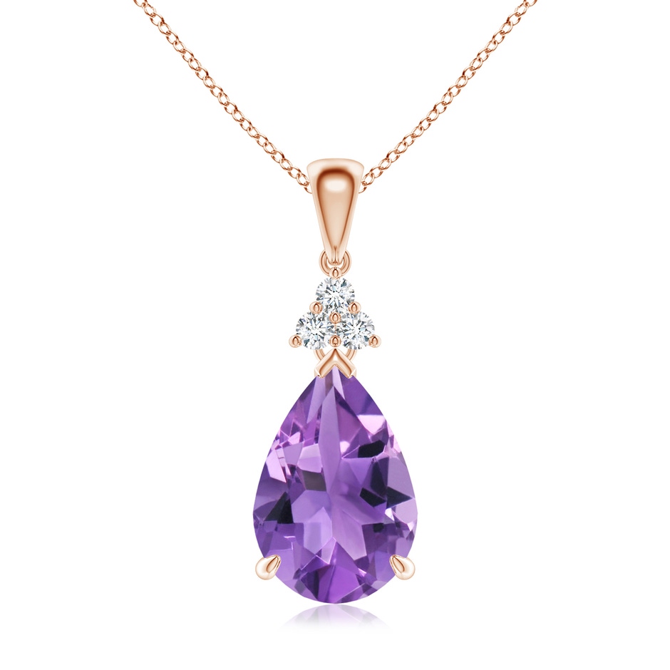 12x8mm AA Claw-Set Amethyst Drop Pendant with Trio Diamonds in Rose Gold 