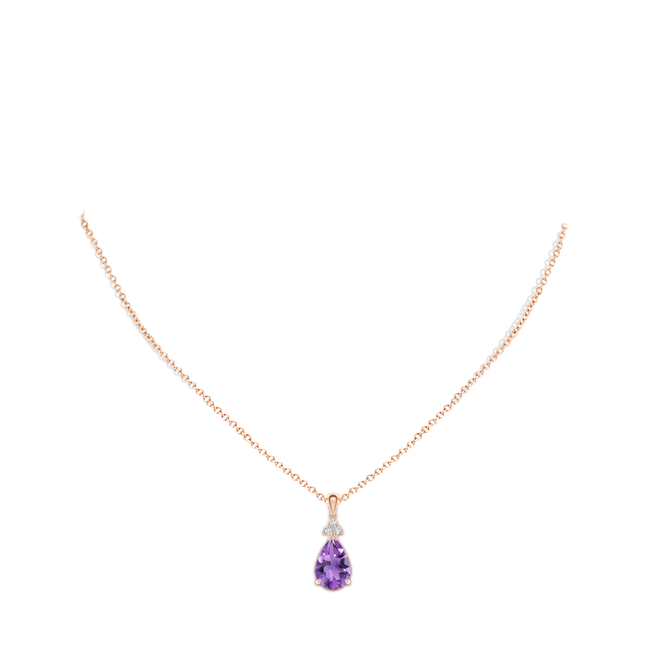 12x8mm AA Claw-Set Amethyst Drop Pendant with Trio Diamonds in Rose Gold body-neck