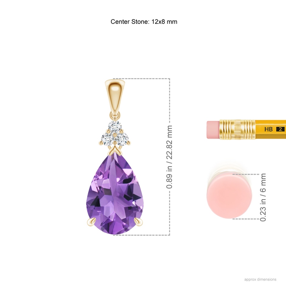 12x8mm AA Claw-Set Amethyst Drop Pendant with Trio Diamonds in Yellow Gold ruler