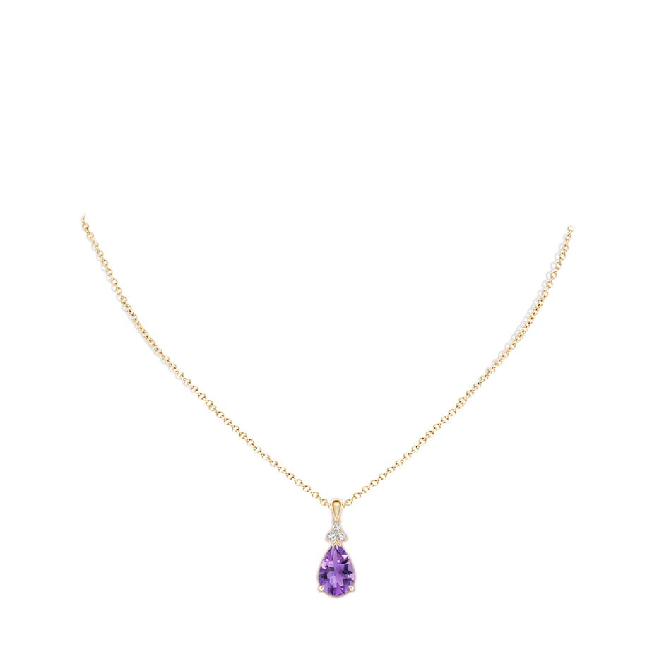 12x8mm AA Claw-Set Amethyst Drop Pendant with Trio Diamonds in Yellow Gold body-neck