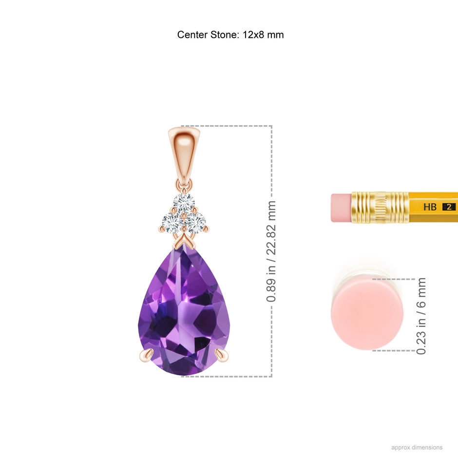12x8mm AAA Claw-Set Amethyst Drop Pendant with Trio Diamonds in Rose Gold ruler