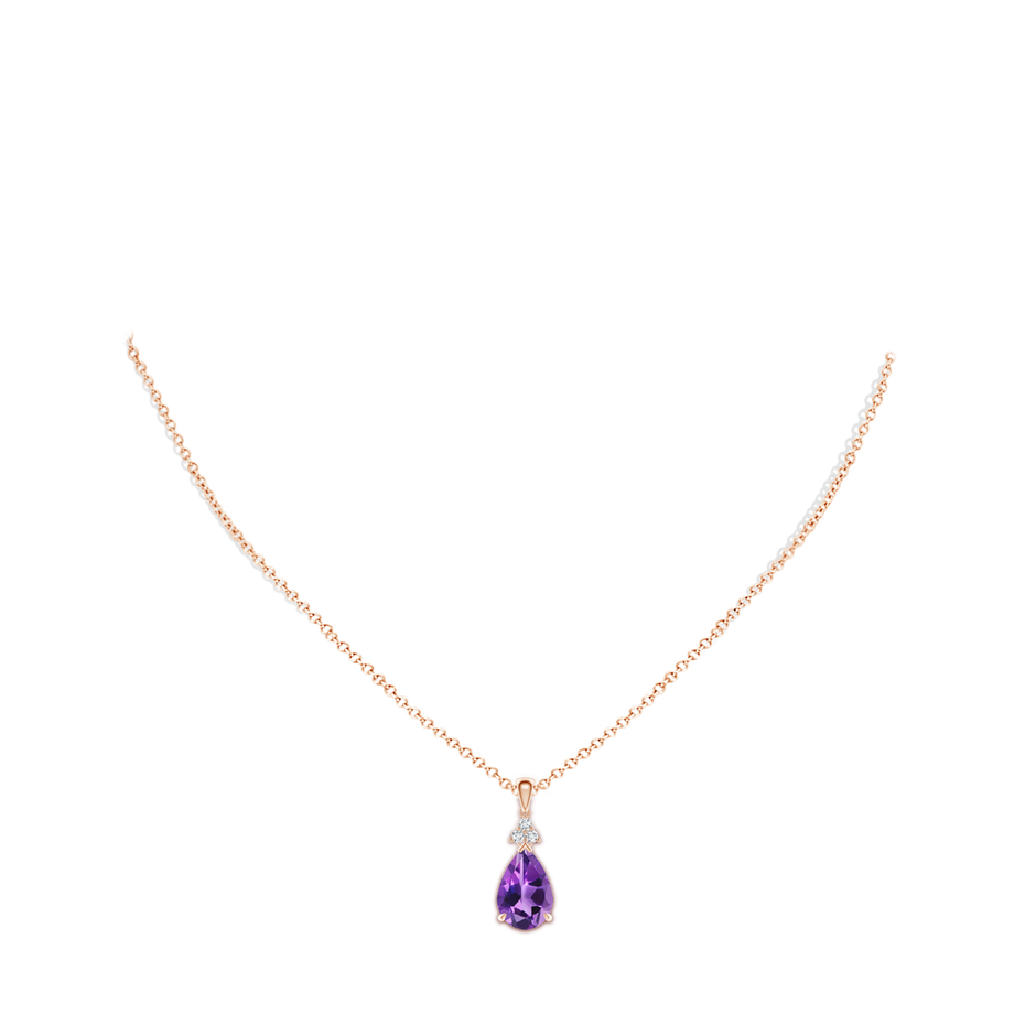 12x8mm AAA Claw-Set Amethyst Drop Pendant with Trio Diamonds in Rose Gold body-neck