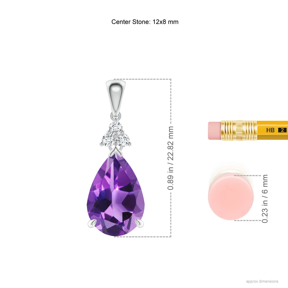 12x8mm AAA Claw-Set Amethyst Drop Pendant with Trio Diamonds in White Gold ruler