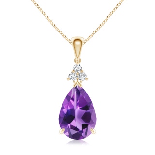 12x8mm AAA Claw-Set Amethyst Drop Pendant with Trio Diamonds in Yellow Gold
