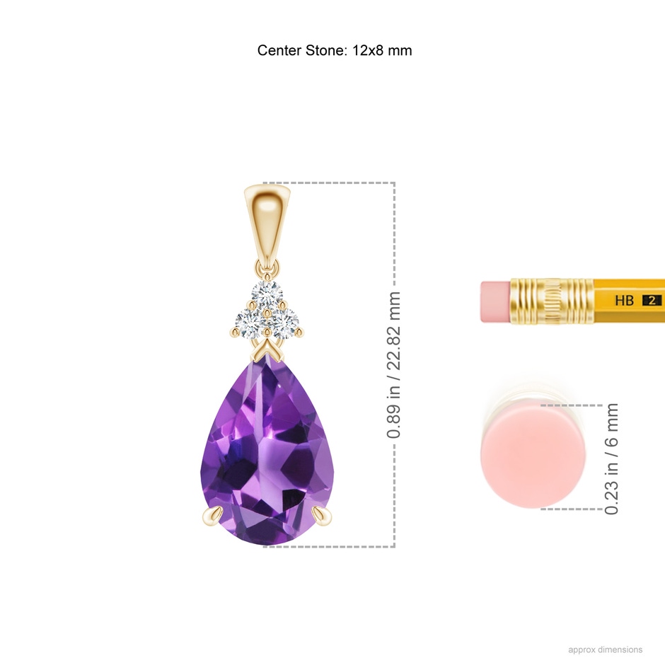 12x8mm AAA Claw-Set Amethyst Drop Pendant with Trio Diamonds in Yellow Gold ruler