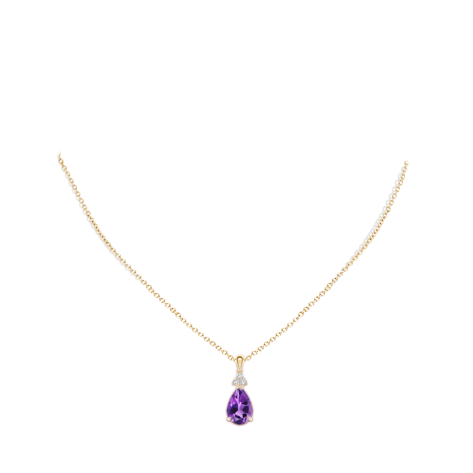 12x8mm AAA Claw-Set Amethyst Drop Pendant with Trio Diamonds in Yellow Gold body-neck