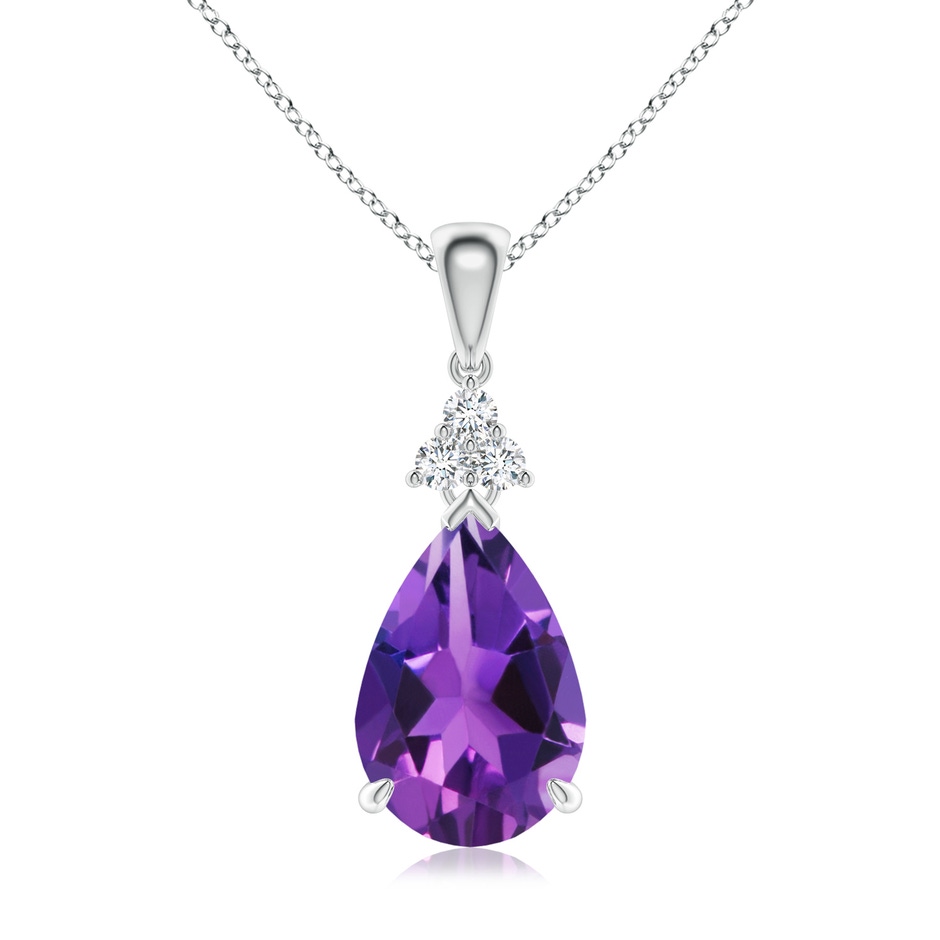 12x8mm AAAA Claw-Set Amethyst Drop Pendant with Trio Diamonds in White Gold 