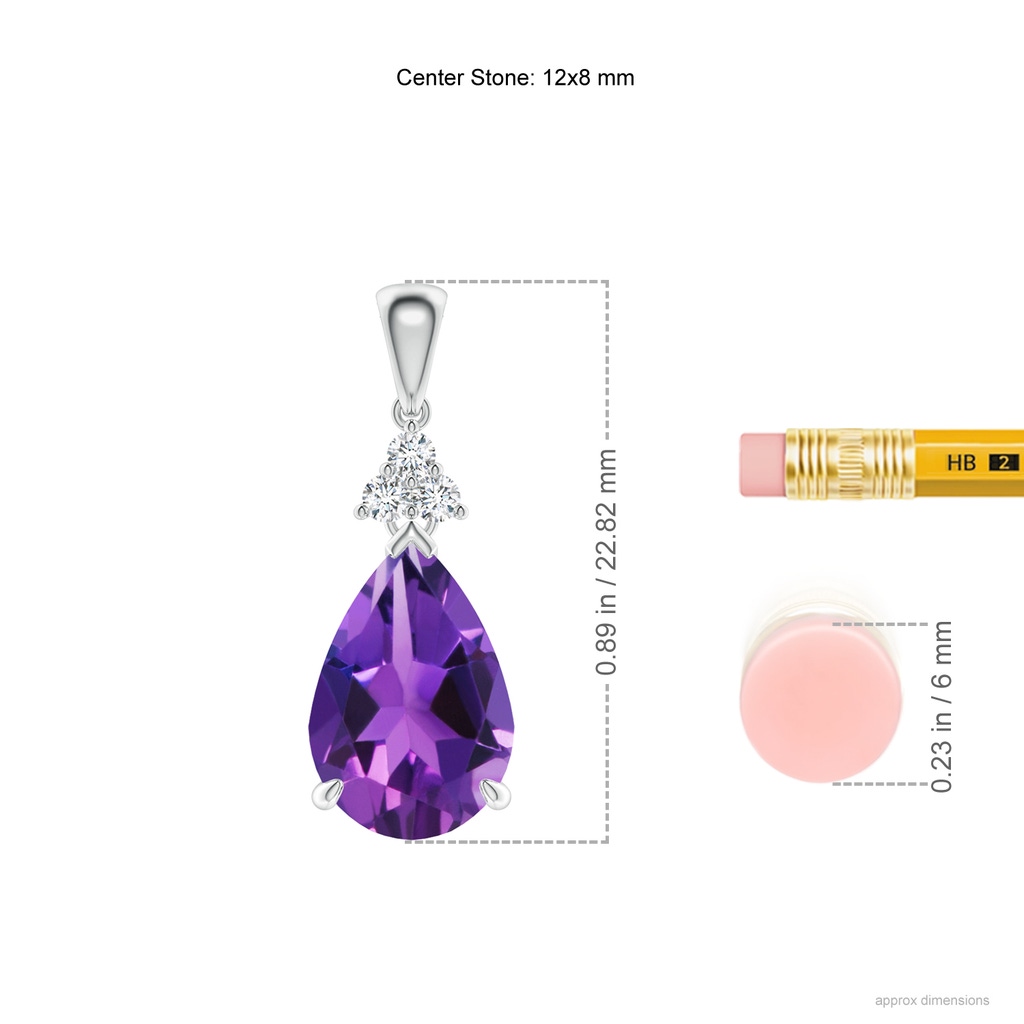 12x8mm AAAA Claw-Set Amethyst Drop Pendant with Trio Diamonds in White Gold Ruler