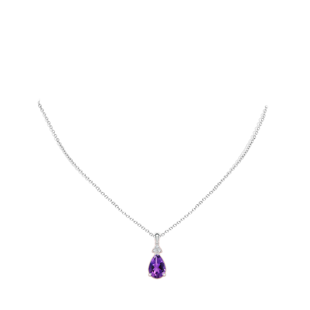 12x8mm AAAA Claw-Set Amethyst Drop Pendant with Trio Diamonds in White Gold Body-Neck