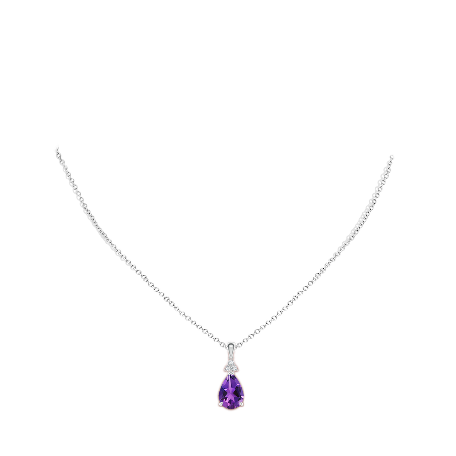 12x8mm AAAA Claw-Set Amethyst Drop Pendant with Trio Diamonds in White Gold body-neck