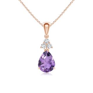 8x6mm A Claw-Set Amethyst Drop Pendant with Trio Diamonds in Rose Gold