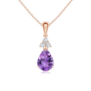 8x6mm AA Claw-Set Amethyst Drop Pendant with Trio Diamonds in Rose Gold