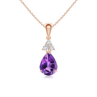8x6mm AAA Claw-Set Amethyst Drop Pendant with Trio Diamonds in Rose Gold