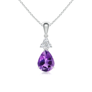 8x6mm AAA Claw-Set Amethyst Drop Pendant with Trio Diamonds in White Gold