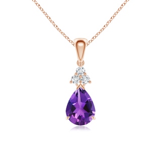 8x6mm AAAA Claw-Set Amethyst Drop Pendant with Trio Diamonds in 9K Rose Gold