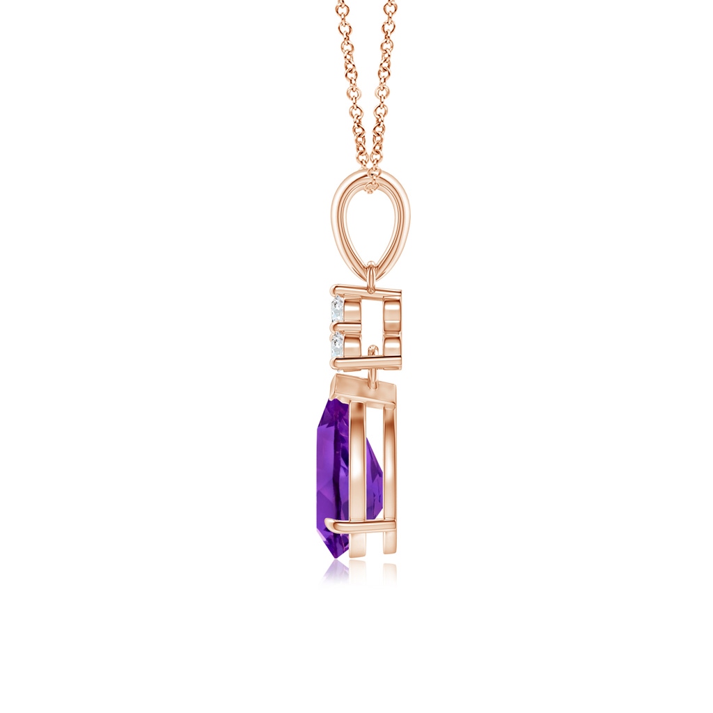 8x6mm AAAA Claw-Set Amethyst Drop Pendant with Trio Diamonds in Rose Gold Side-1