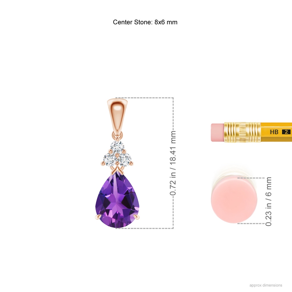 8x6mm AAAA Claw-Set Amethyst Drop Pendant with Trio Diamonds in Rose Gold Ruler